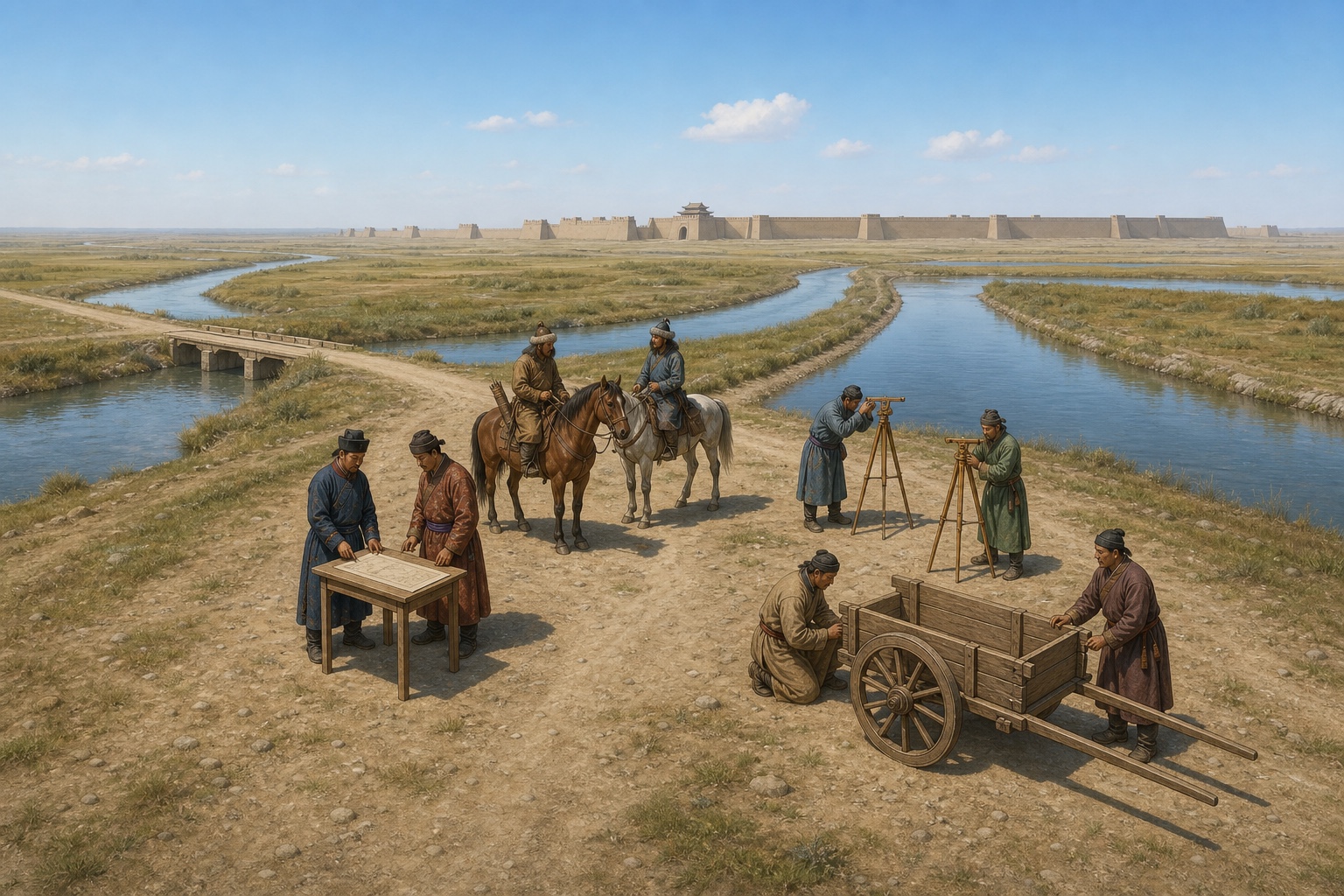 Reconstruction of late-thirteenth-century Yuan officials, mounted couriers, and artisans inspecting roads and waterways outside Dadu