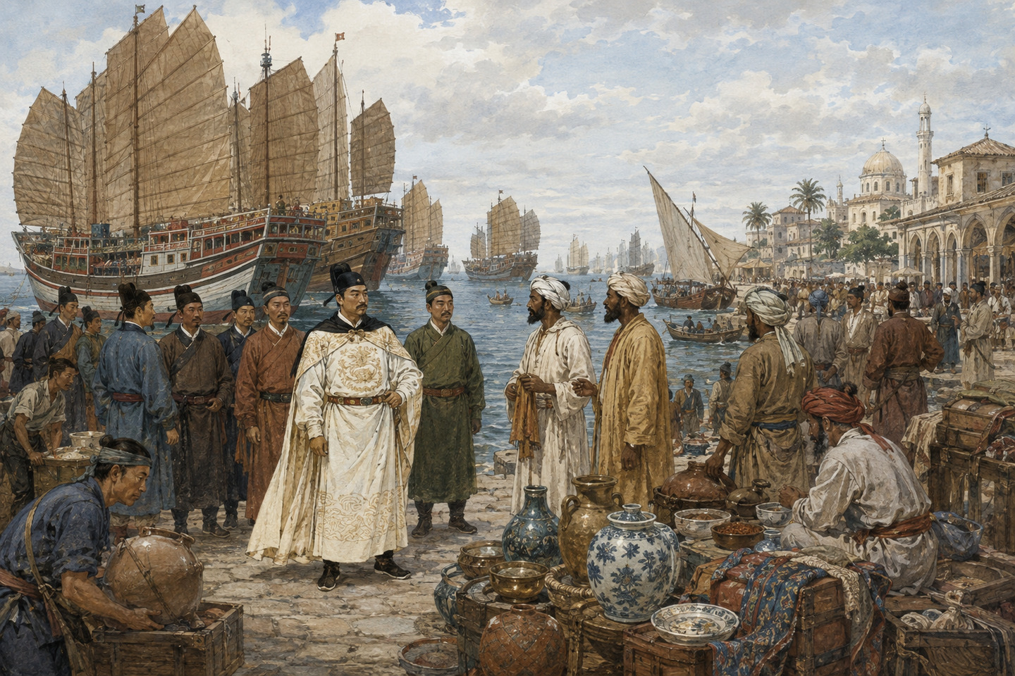 Historical reconstruction of Zheng He’s fleet trading with local merchants at an Indian Ocean port