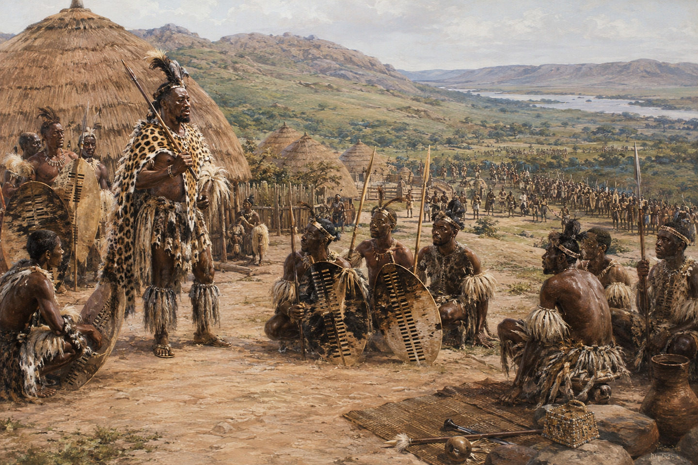 Historical reconstruction of a Zulu leader addressing warriors inside a southern African homestead